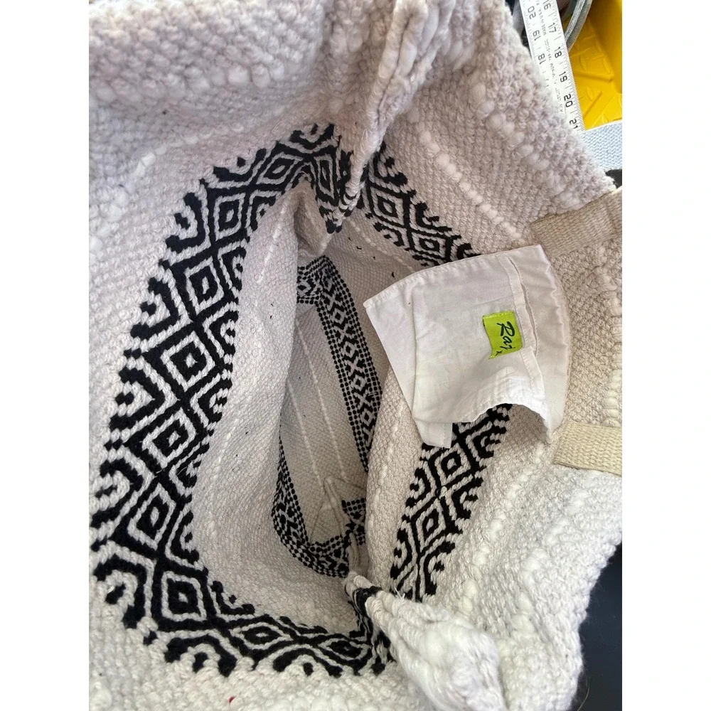 Raj Woven Geometric Tassel Tote Bag Black Cream Boho Pom Pom XL Large‎ NEW